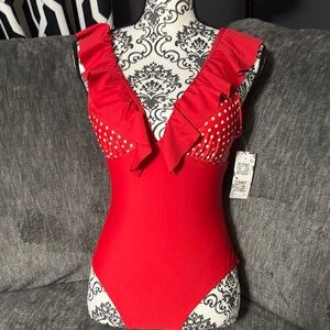 Elegant Red Ruffled Women's One Piece Swimsuit
